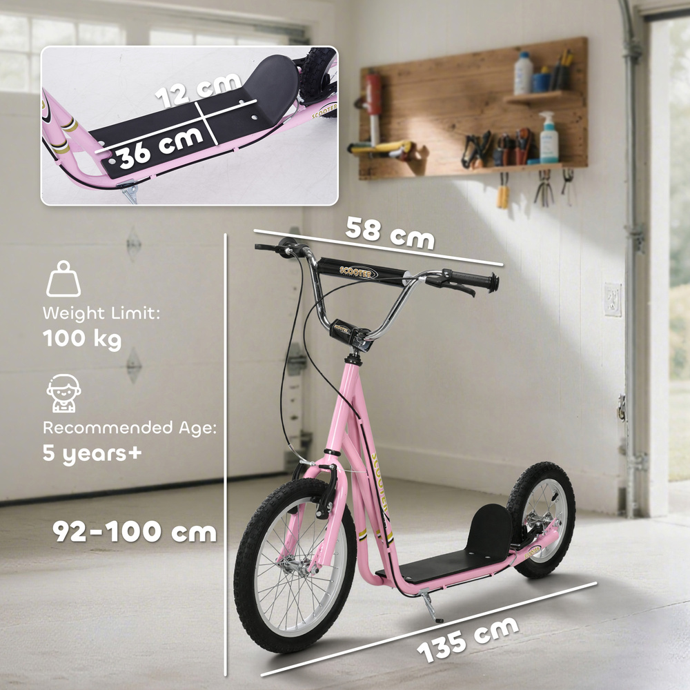 HOMCOM Kids Scooter, Teen Kick Scooter with Rubber Wheels, 16" Front Wheel, Height Adjustable Handlebar, Dual Brakes, Kick Stand, for 5+ Years, Pink