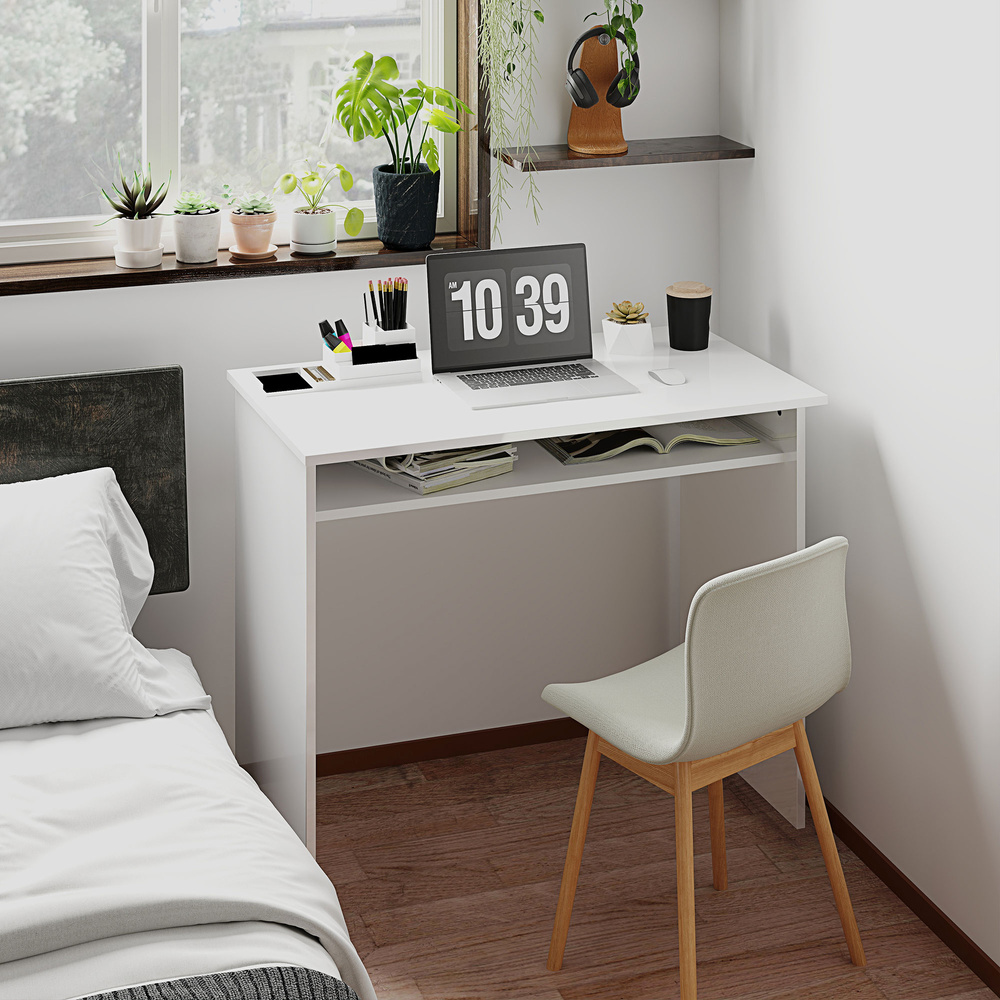HOMCOM 90 x 50cm Computer Table, Modern Home Office Desk, Small Writing Desk with Storage Shelf, High Gloss White