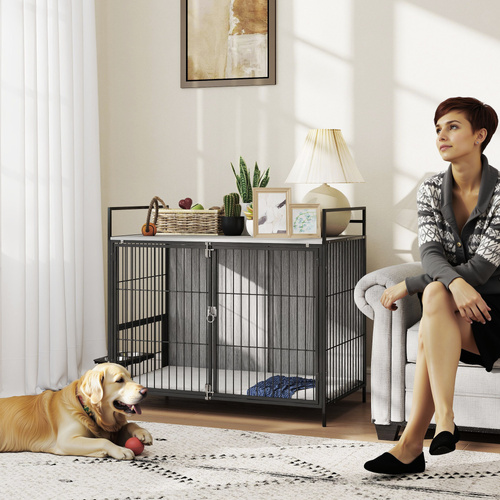 PawHut Large Dog Crate Furniture with Rotating Bowl Holder, 2 Bowls, 2 Doors, for Large Dogs, 100 x 60 x 88 cm, Grey