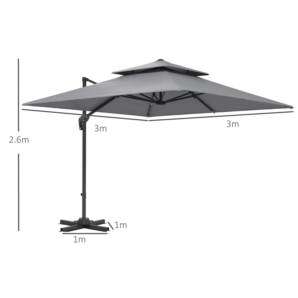 Outsunny 3 x 3(m) Cantilever Parasol with Aluminium Frame, Crank and Tilt, 360-Degree Rotation, Double Top Garden Umbrella with Cover (Only Cross Base), Light Grey