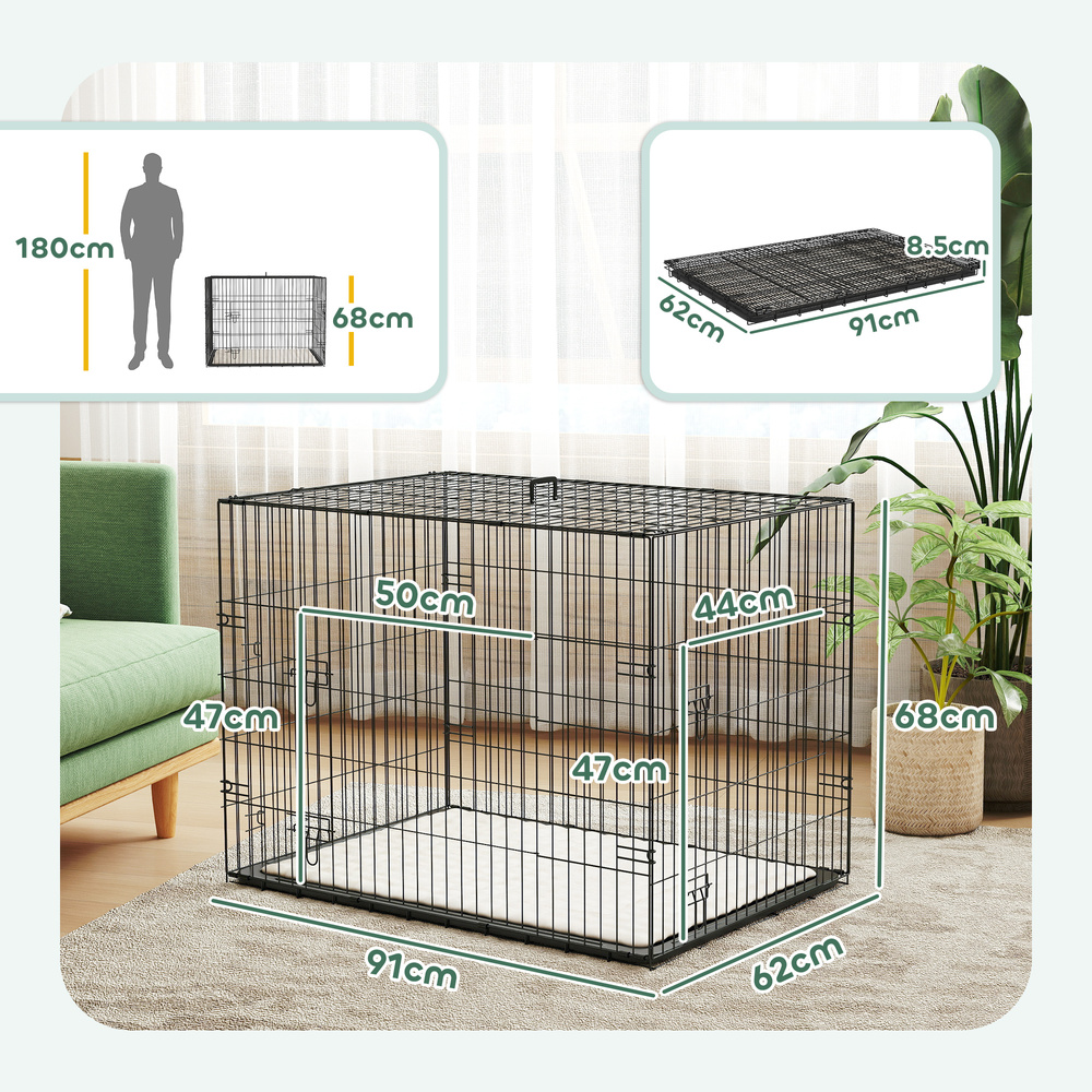 PawHut Foldable Dog Crate with 2 Doors with Tray, Soft Cushion, for Large Medium Dogs, 90 x 58 x 62, Black