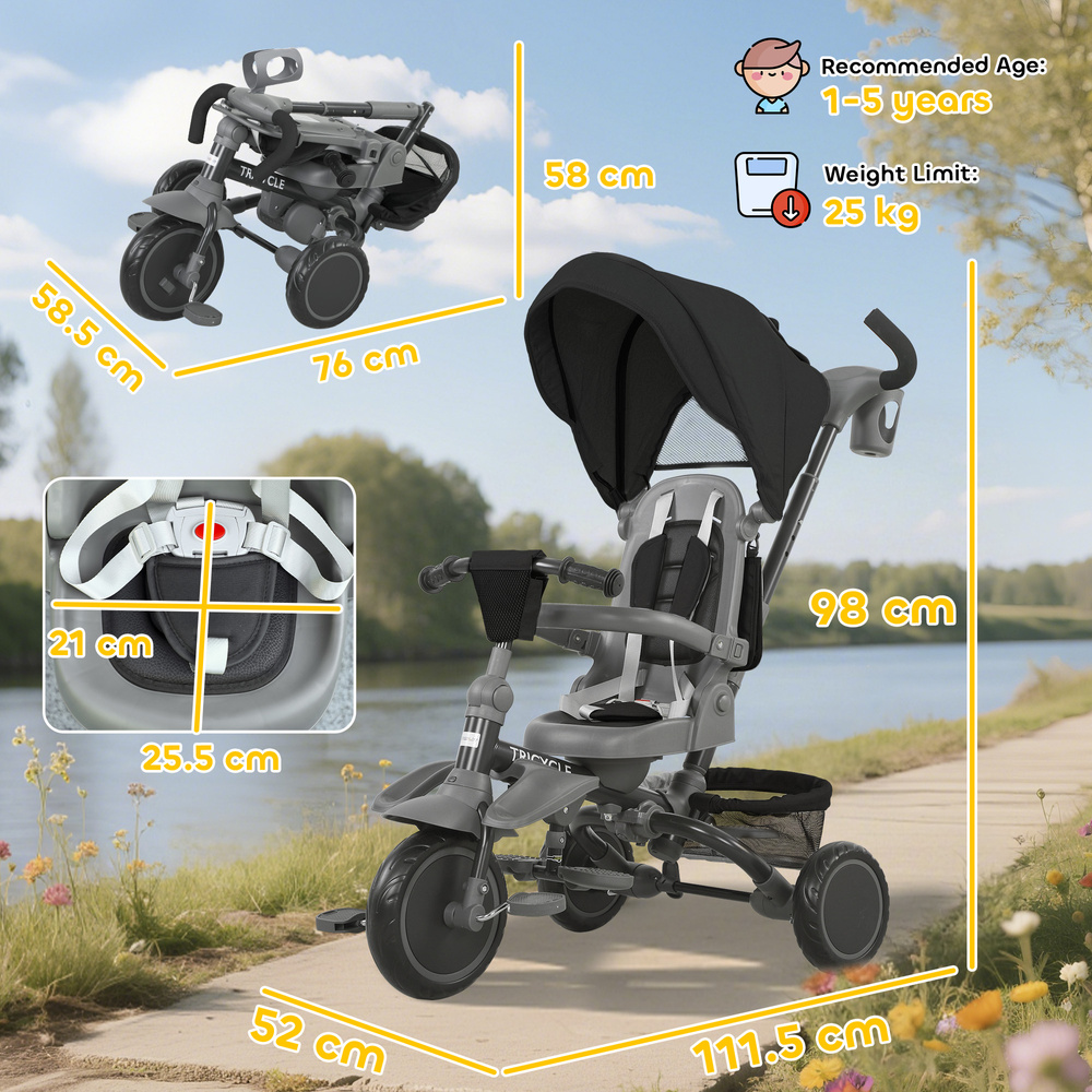 AIYAPLAY 6 in 1 Foldable Kids Trike with Adjustable Parent Handle & Canopy for Ages 1-5, Black