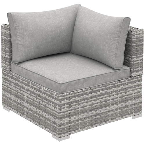 Outsunny Outdoor PE Rattan Corner Sofa, Garden Wicker Furniture Single Sofa Chair w/ Cushions, Light Grey