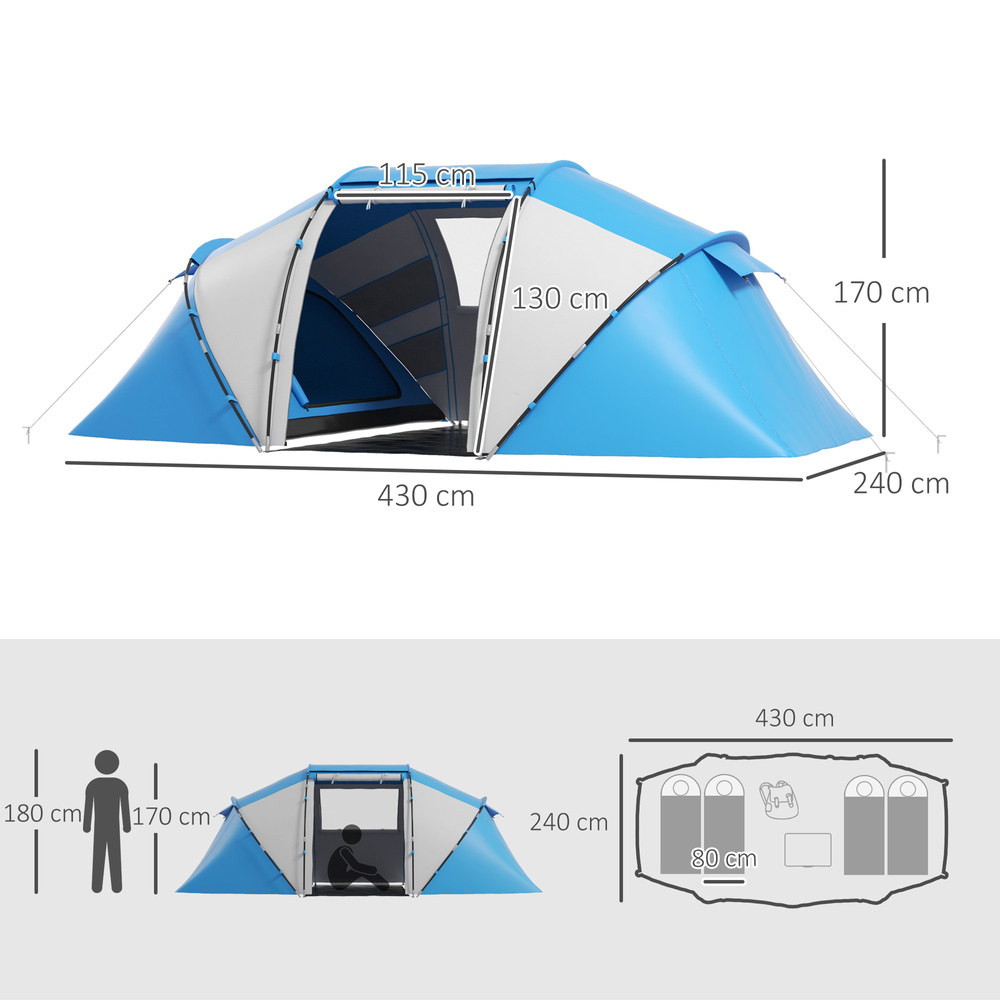 Outsunny 4-6 Man Camping Tent w/ Two Bedroom, Hiking Sun Shelter, UV Protection Tunnel Tent, Blue and White