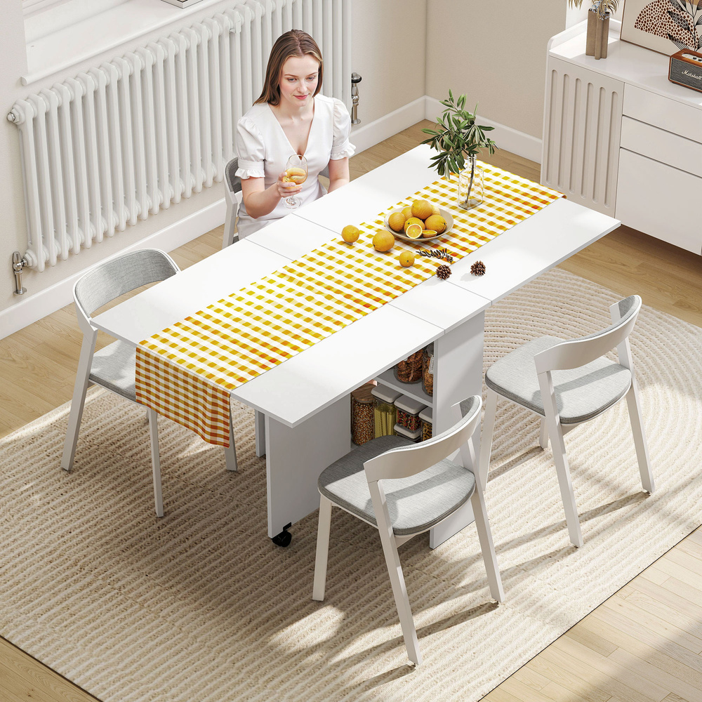 HOMCOM Folding Dining Table, Drop Leaf Table with 2-Tier Shelves, Rolling Casters, for Small Spaces, Kitchen, White