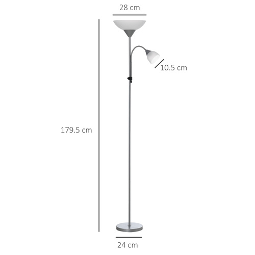 HOMCOM LED Floor Lamp for Living Room, 180cm Tall Standing Lamp, Mother and Child Uplighter with Adjustable Gooseneck, Silver Tone