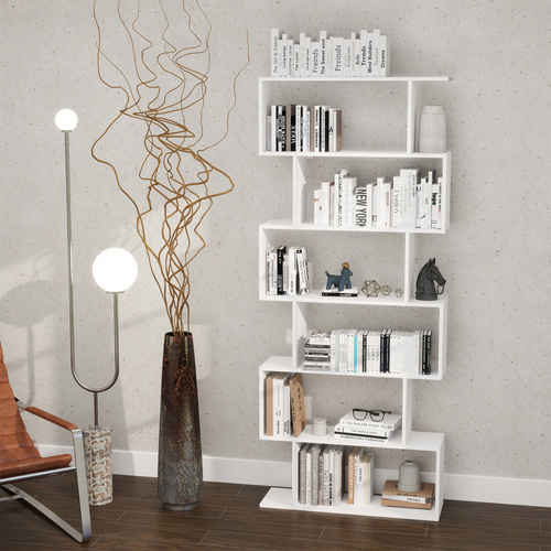 HOMCOM Bookcase, 6 Tier Shelf S Shaped Bookshelf, Storage Unit, Display Shelf for Living Room, Bedroom, Home Office, Plant, White