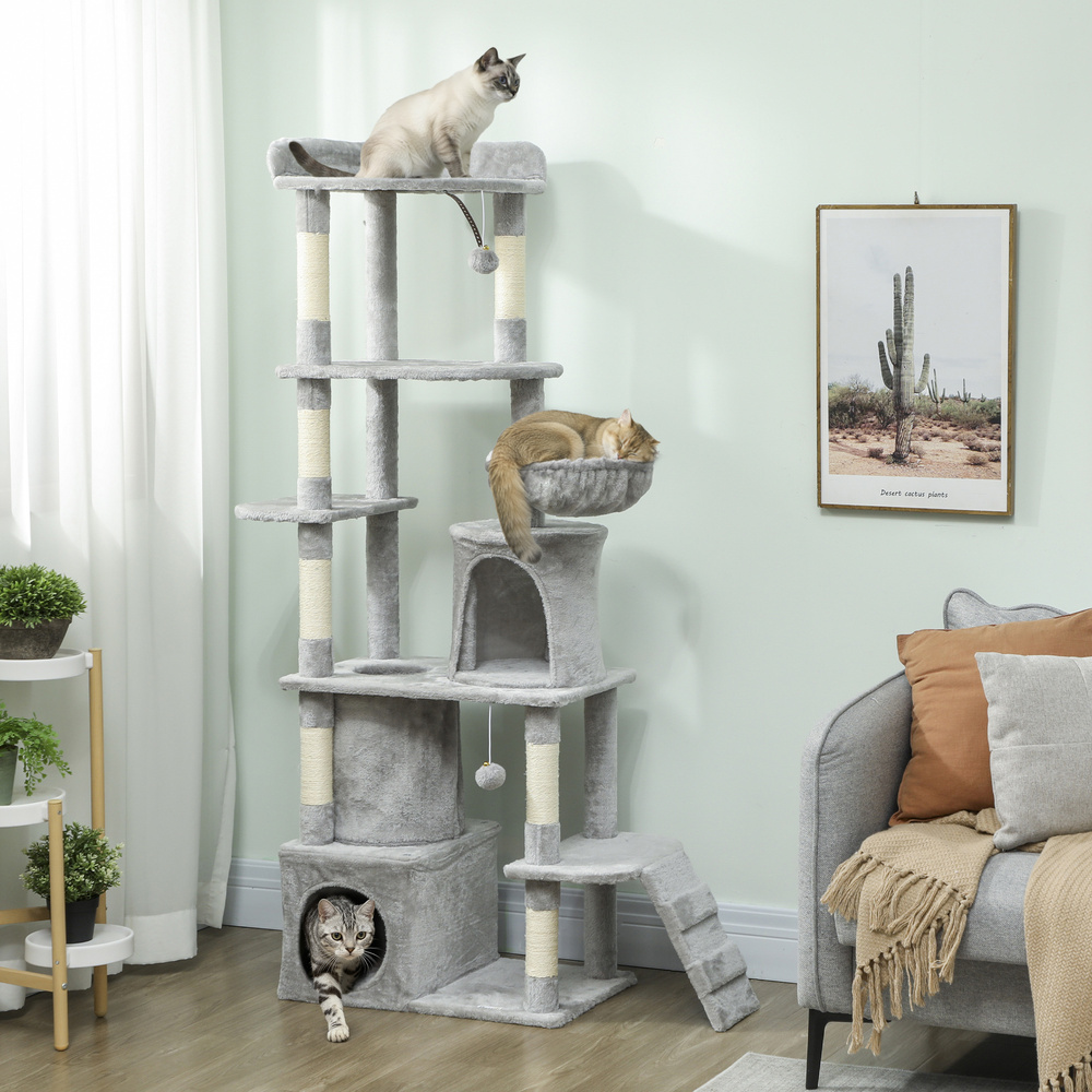 PawHut 170 cm Large Cat Tree, Cat Tower with 7 Scratching Posts, 2 Condos, Hammock, Light Grey