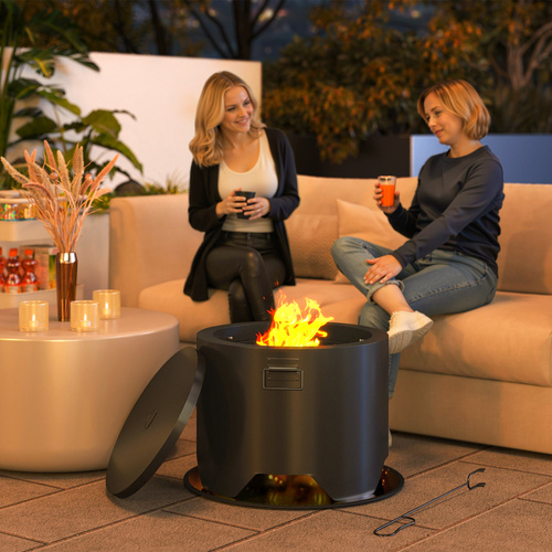 Outsunny Outdoor Round Fire Pit with Lid and Fire Poker - Black