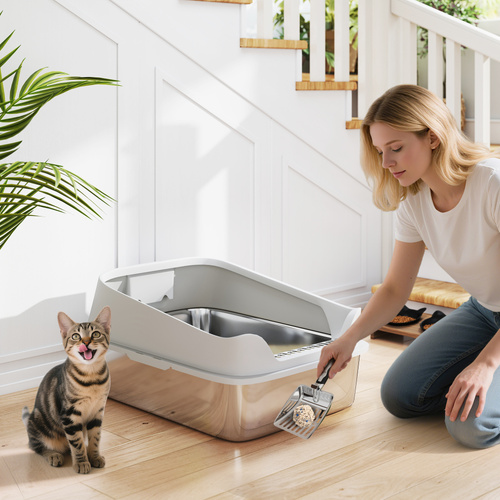 PawHut XXL Stainless Steel Cat Litter Box with High Sides, Metal Scoop, 70 x 50 x 30 cm