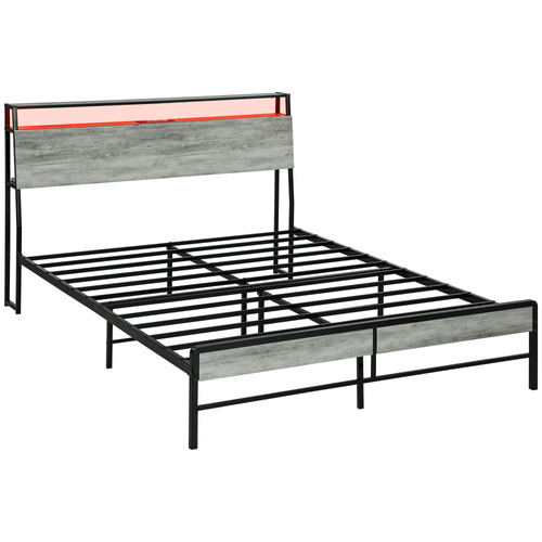 HOMCOM Double Steel Bed Frame, with LED Lights and Shelf - Grey