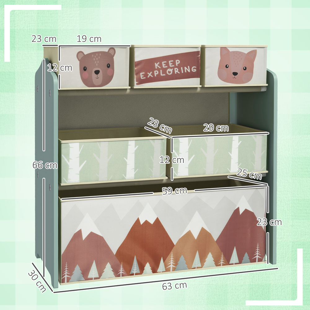 ZONEKIZ Kids Storage Unit, Toy Storage Organiser, with Six Fabric Bins, for Bedrooms, Playrooms, Nurseries - Green