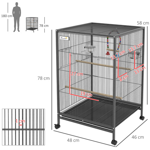 PawHut Bird Cage, Budgie Cage, with Rolling Stand, for Small Birds - Grey