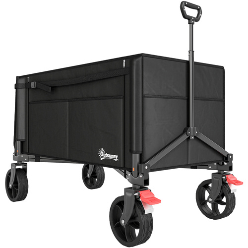 Outsunny Festival Trolley on Wheels, 150L Folding Camping Trolley Cart with Openable Sides, Adjustable Handle and Brakes for Shopping Beach Garden Fishing, Black