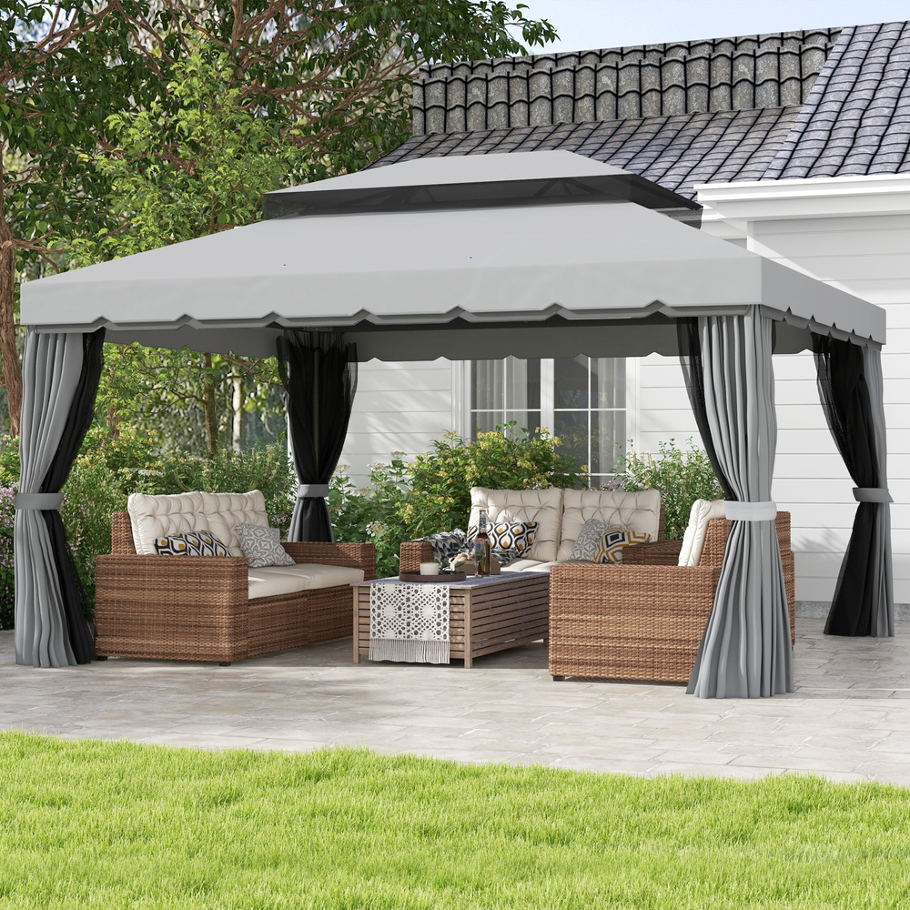 Outsunny 3 x 4m Aluminium Garden Gazebo, Marquee Canopy Shelter Pavilion Party Tent with Nets and Curtains for Garden and Deck, Light Grey