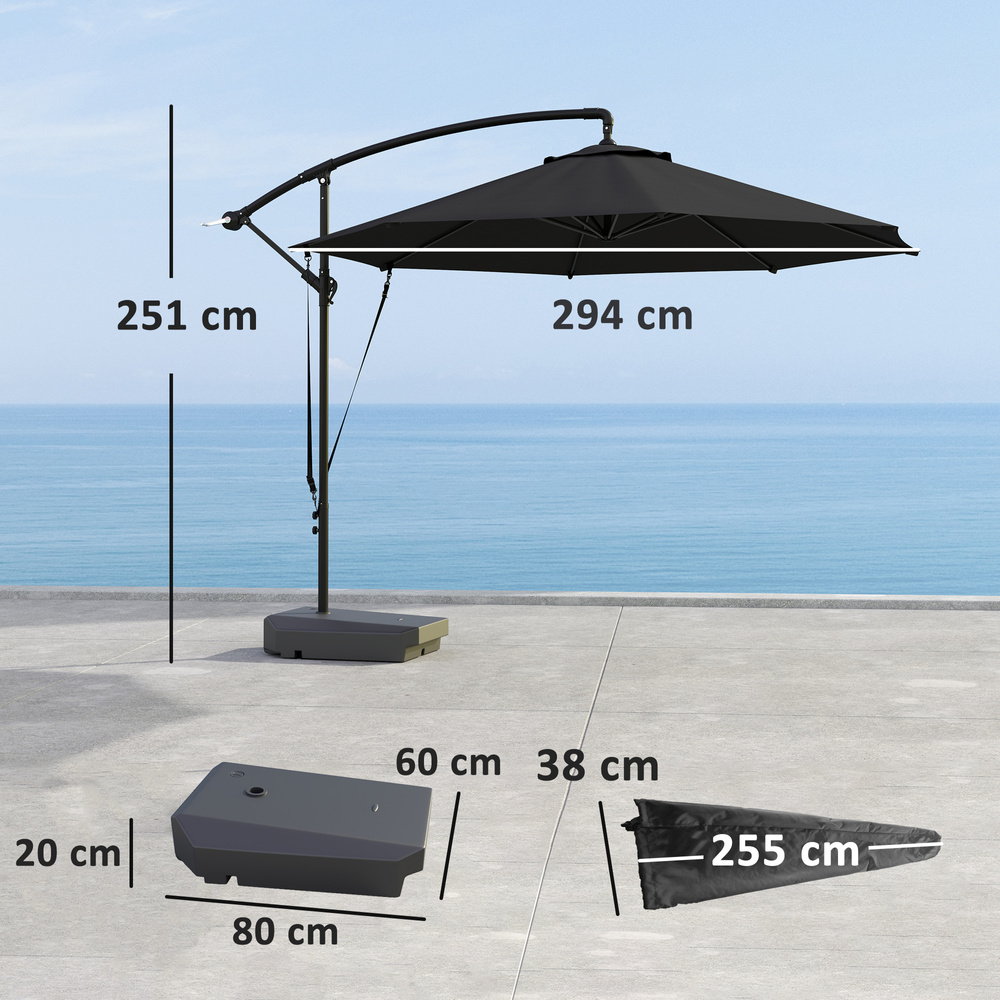 Outsunny 3(m) Garden Cantilever Parasol with Fillable Base up to 90kg, Wind Protection Strap, Cover, Round Banana Hanging Umbrella with Crank Handle and Tilt, UPF50+ Patio Umbrella, Grey