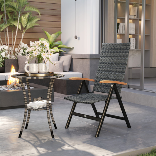 Outsunny Folding Rattan Garden Dining Chair with 5-level Reclining High Back, Wood Armrests for Outdoor, Patio - Mixed-grey