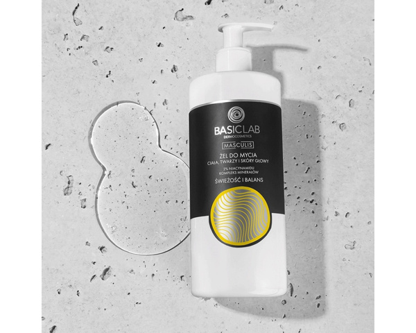 BasicLab Masculis Żel do Mycia Ciała Twarzy i Skóry Głowy 2% Niacynamidu Kompleks Minerałów Świeżość i Blask dla Mężczyzn 500ml