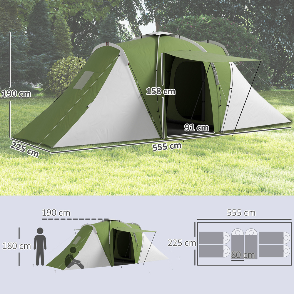 Outsunny Large Camping Tent Tunnel Tent with 2 Bedroom and Living Area, 2000mm Waterproof, Portable with Bag for 4-6 Man, Green