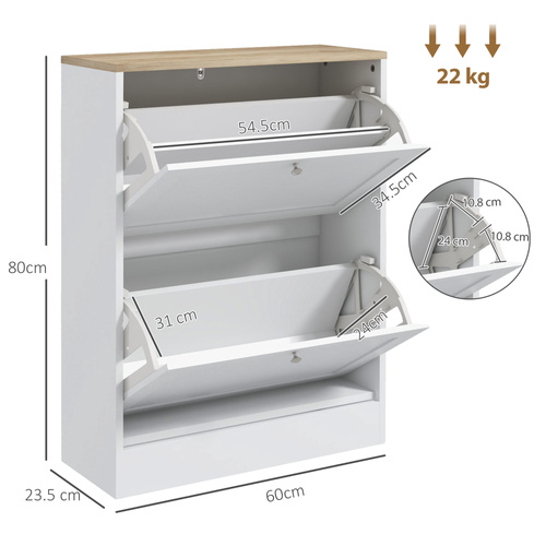 HOMCOM Two Flip Drawer Shoe Cabinet - White