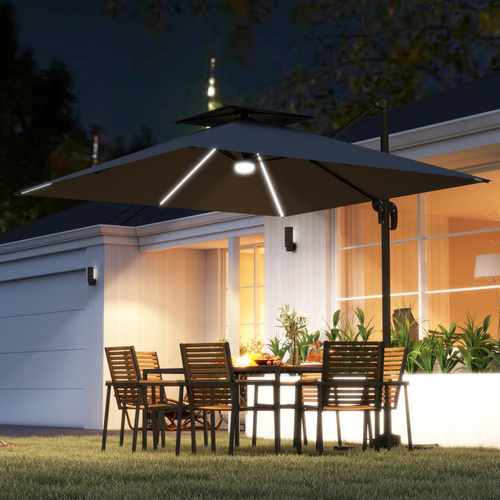 Outsunny 2.5m Cantilever Parasol with Solar Powered LED Lights, 360° Rotation, Tilt Adjustment, Crank Handle, Dark Grey