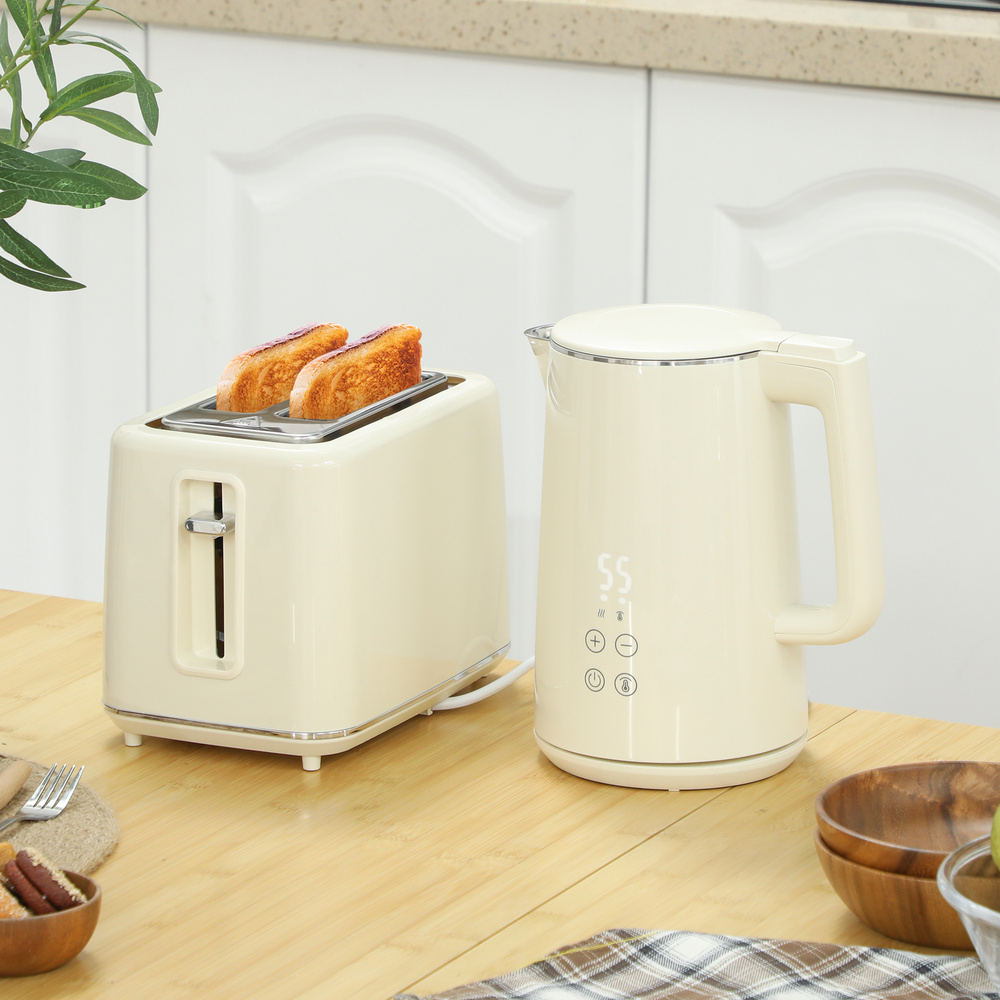 HOMCOM Digital Stainless Steel Kettle and Toaster Set, 1.5L 3000W Fast Boil Kettle, 2 Slice Toaster with 7 Level Browning Controls, Defrost, Reheat, Keep Warm, Crumb Tray and LED Touch Display, Beige