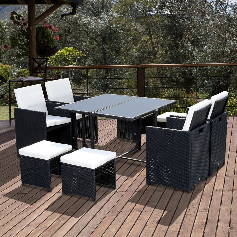 Outsunny 9 Piece Rattan Cube Garden Furniture Dining Set with Armchairs, Footstools and Glass-Top Table, Black