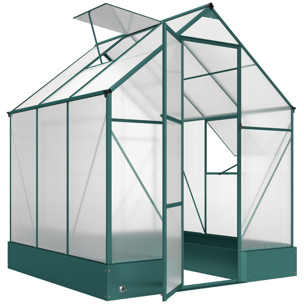 Outsunny 6x6 FT Polycarbonate Greenhouse with Base and Raised Bed, Walk-in Greenhouse with Aluminium Frame, Temperature Controlled Window, Foundation for Plants, Flowers, Vegetable
