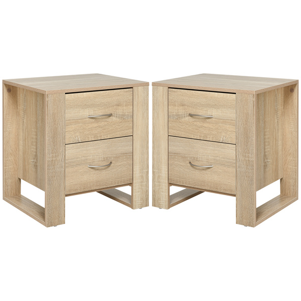 HOMCOM Bedside Table with 2 Drawers, Nightstand with Handles and Elevated Base, Side Table for Bedroom, Living Room, Set of 2, Brown