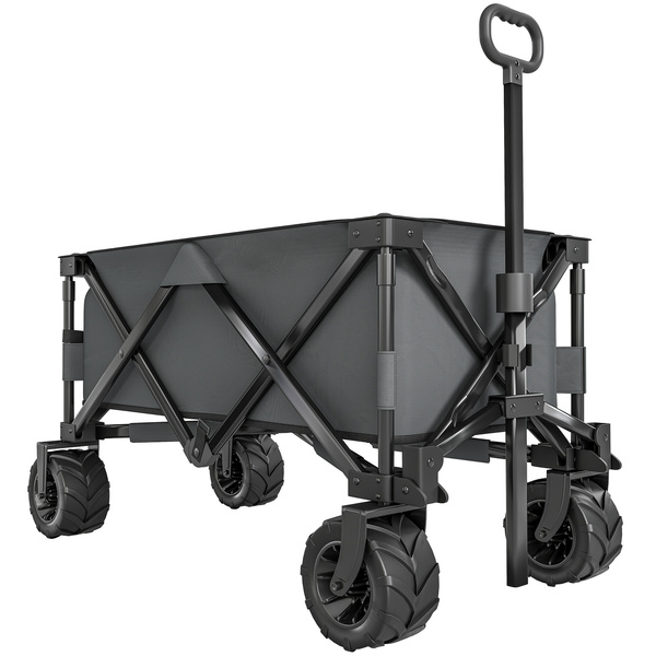 Outsunny Outdoor Pull Along Cart Folding Cargo Wagon Trailer Trolley for Beach Garden with Handle, Anti-Slip Wheel - Dark Grey