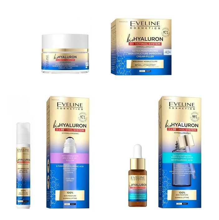Eveline BioHyaluron 3x Retinol Przeciwzmarszczkowy Roll-on pod oczy + Serum wypełniające+ Krem do twarzy 40+