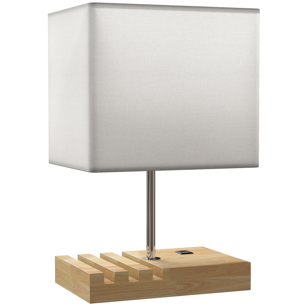HOMCOM Bedside Lamp with USB A+C Charging Ports and 3 Phone Stands, Modern Table Lamp with Solid Wood Base and Fabric Shade for Bedroom Living Room Office, E27 Socket, Bulb Not Included, White