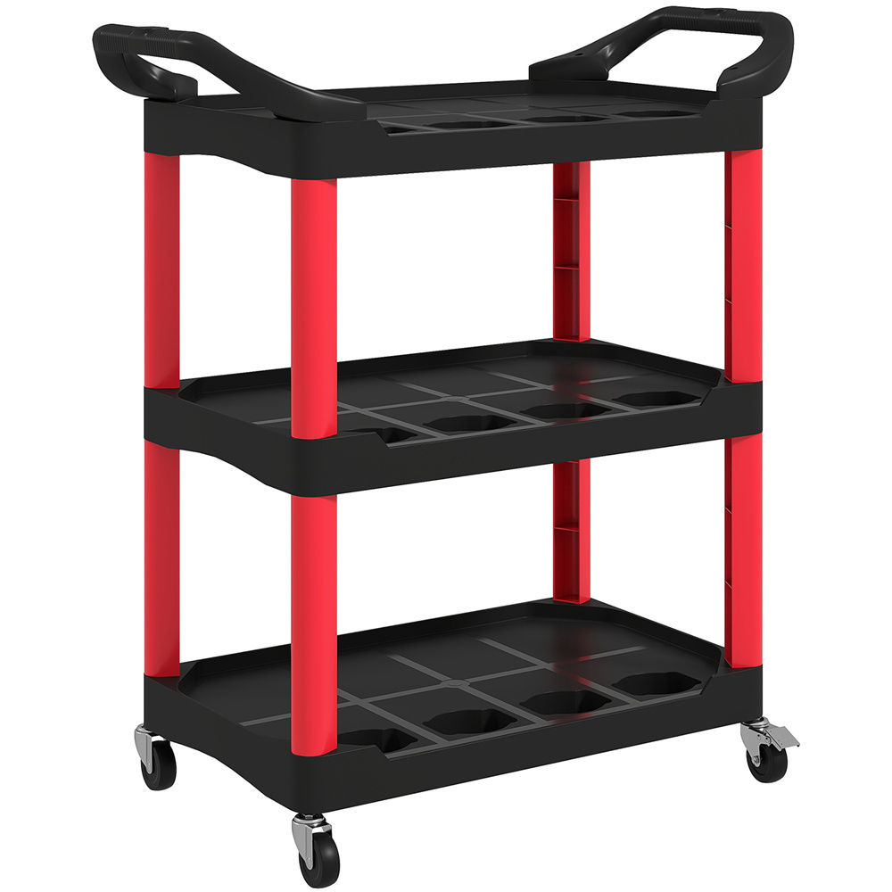 HOMCOM 3-Tier Rolling Tool Cart, Tool Trolley on Wheels, Plastic Mobile Service Utility Cart with Handles for Garage, Mechanics and Warehouse, 91kg Capacity, Black and Red