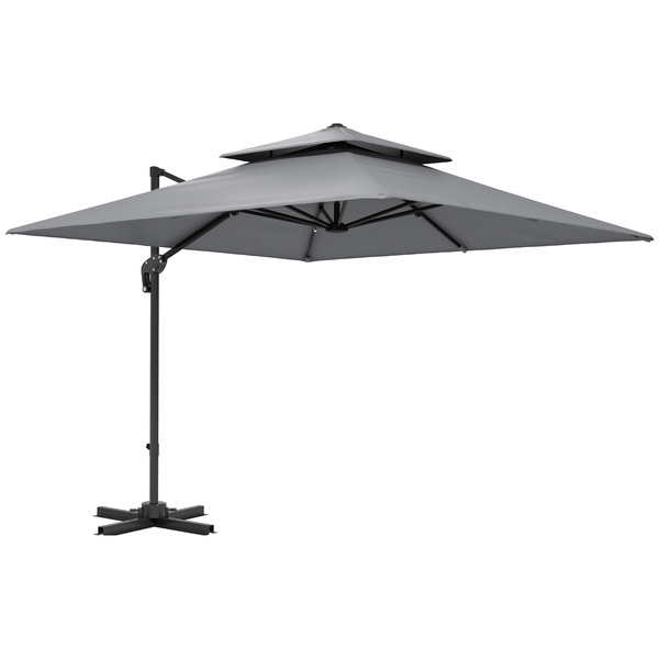 Outsunny 3 x 3(m) Cantilever Parasol with Aluminium Frame, Crank and Tilt, 360-Degree Rotation, Double Top Garden Umbrella with Cover (Only Cross Base), Light Grey