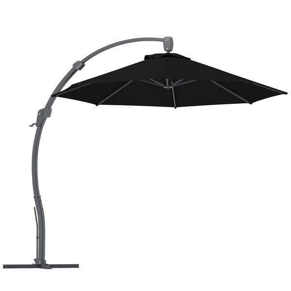 Outsunny 3(m) Garden Cantilever Parasol, Round Overhanging Umbrella with Crank Handle, Cross Base, Aluminium Frame and 360° Rotation, Banana Patio Umbrella for Outdoor Sun Shade, Black