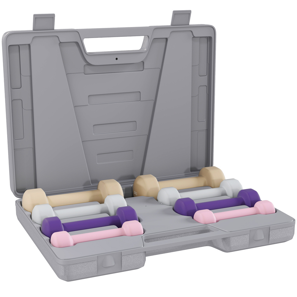 HOMCOM 10KG Dumbbells Set with Carry Case, Hand Weights for Women and Men Home Gym Weight Lifting Training, Pink, Purple, Grey, Brown