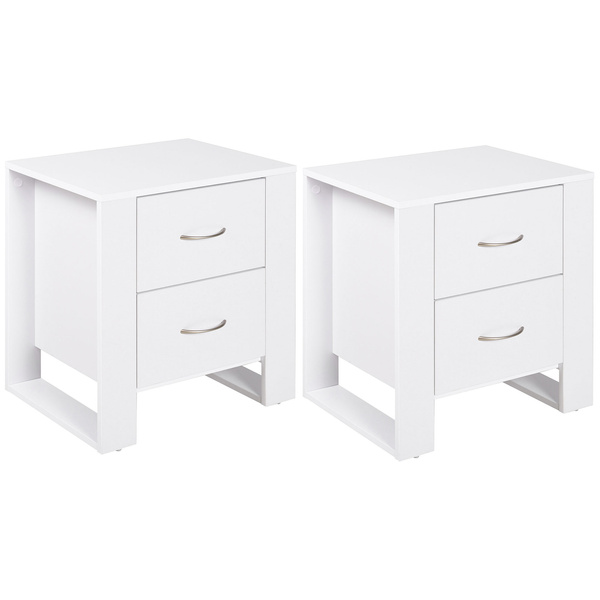 HOMCOM Bedside Table with 2 Drawers, Nightstand with Handles and Elevated Base, Side Table for Bedroom, Living Room, Set of 2, White