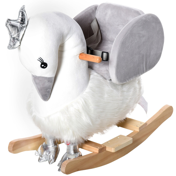 HOMCOM Kids Rocking Horse, Children Plush Ride On Swan Animal Rocker w/ Sound, Wood Base Seat, Safety Belt, Baby Toy Rocker for Toddler 18 - 36 Months, White and Grey