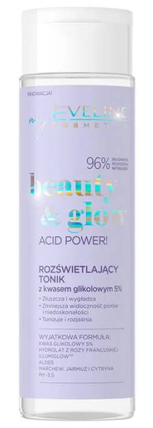 Eveline Beauty & Glow Acid Power! Rozświetlający Tonik z Kwasem Glikolowym 5% do Każdego Typu Cery 200ml