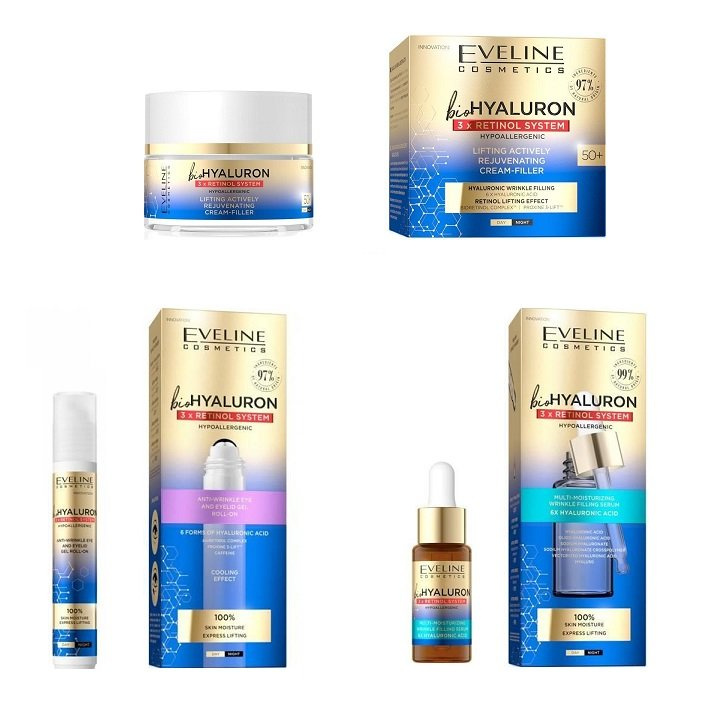Eveline BioHyaluron 3x Retinol Przeciwzmarszczkowy Roll-on pod oczy + Serum wypełniające+ Krem do twarzy 50+