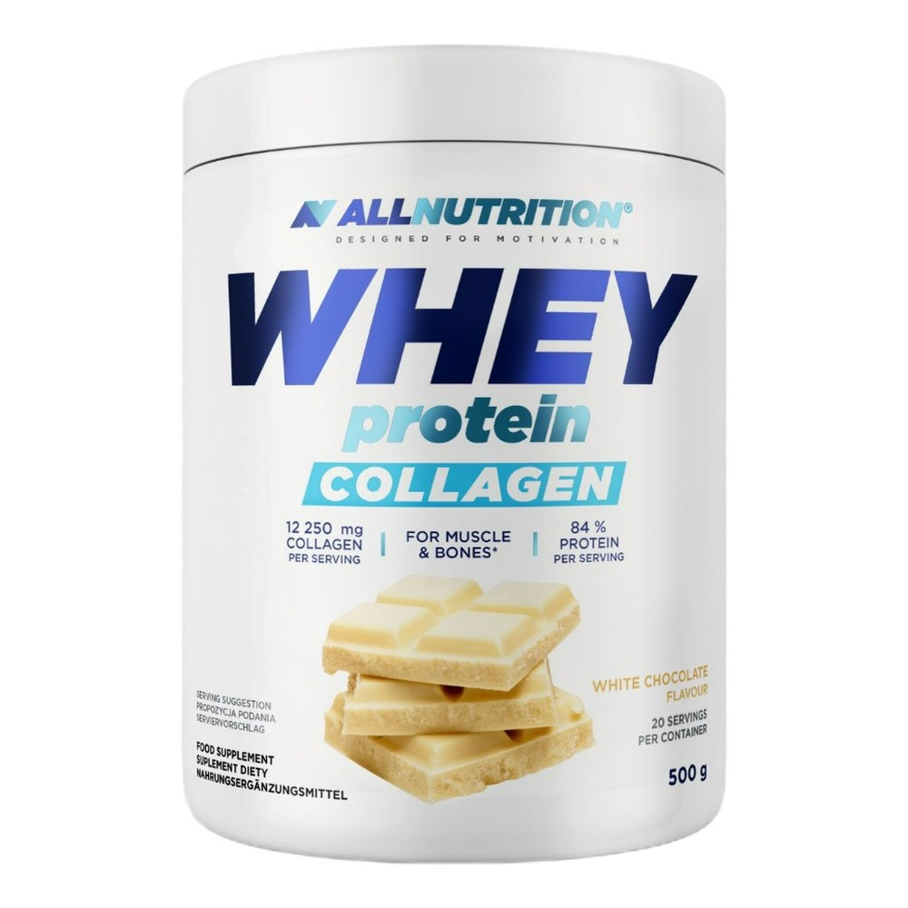 Allnutrition Whey Protein Collagen Biała Czekolada Odżywka Białkowa Na Większe Mięśnie i Mocne Kości 500g