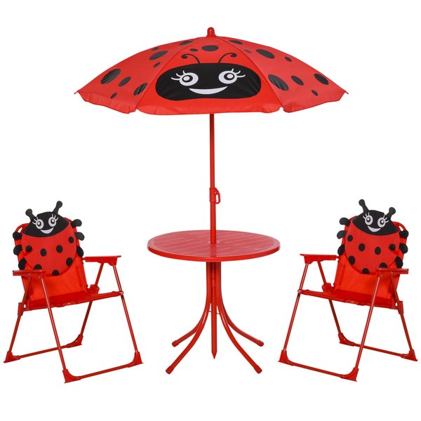 Outsunny Kids Folding Picnic Table Chair Set w/ Parasol, Red