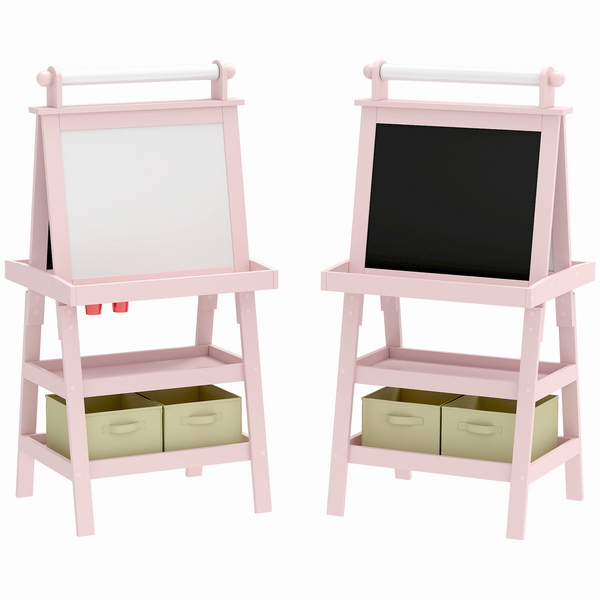 AIYAPLAY 3 in 1 Kids Easel Double-Sided Magnetic Whiteboard and Chalkboard with Paper Roll, Storage Baskets - Pink