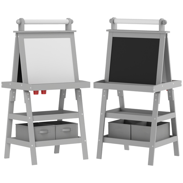 AIYAPLAY 3 in 1 Kids Easel Double-Sided Magnetic Whiteboard and Chalkboard with Paper Roll, Storage Baskets - Grey