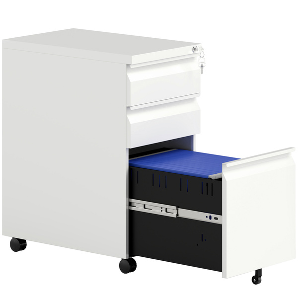 Vinsetto 3-Drawer Steel Filing Cabinet with Lock and Wheels - White