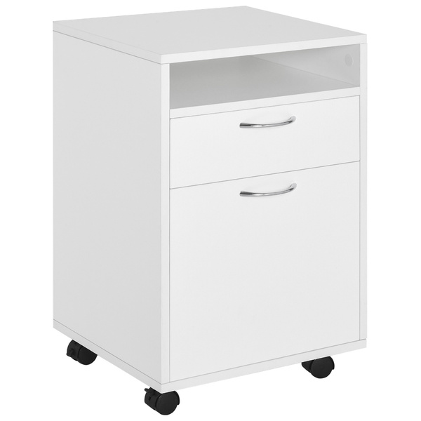 HOMCOM Filing Cabinet, Mobile File Cabinet with 2 Lockable Drawers, Office Home Organiser on Wheels for A4, Letter-Size File Folders, Mobile Printer with Open Shelf, White