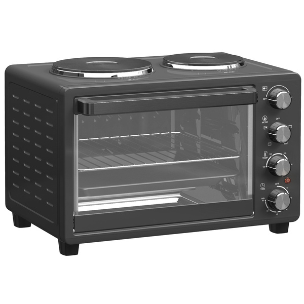 HOMCOM 28L Mini Oven with 2 Hot Plates, Countertop Toaster Oven, Grill, Roast, Bake, Boil, with Timer, Adjustable Temperature, Electric Oven with Baking Tray, Grill Rack, Crumb Tray, 2600W, Black