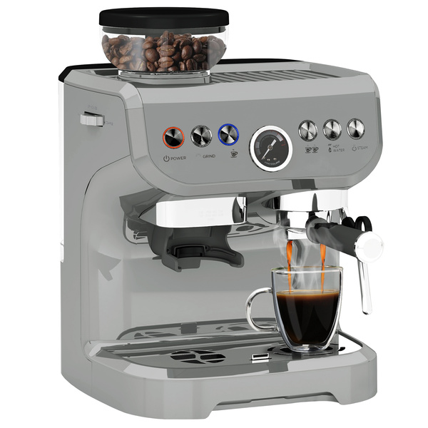 HOMCOM 15 Bar Coffee Machine, with Adjustable Grind, Steamer and Accessories - Silver Colour