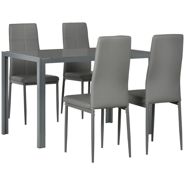 HOMCOM 5-Piece Kitchen Dining Table Set with 4 Faux Leather Metal Frame Chairs Glass Tabletop Desk for Dining Room, Kitchen, Dinette, Grey