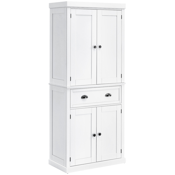 HOMCOM Freestanding Kitchen Cupboard, 184cm Tall Storage Cabinet with Doors and Shelves, Traditional Colonial 4-Door Kitchen Pantry Cupboard with Drawer, White